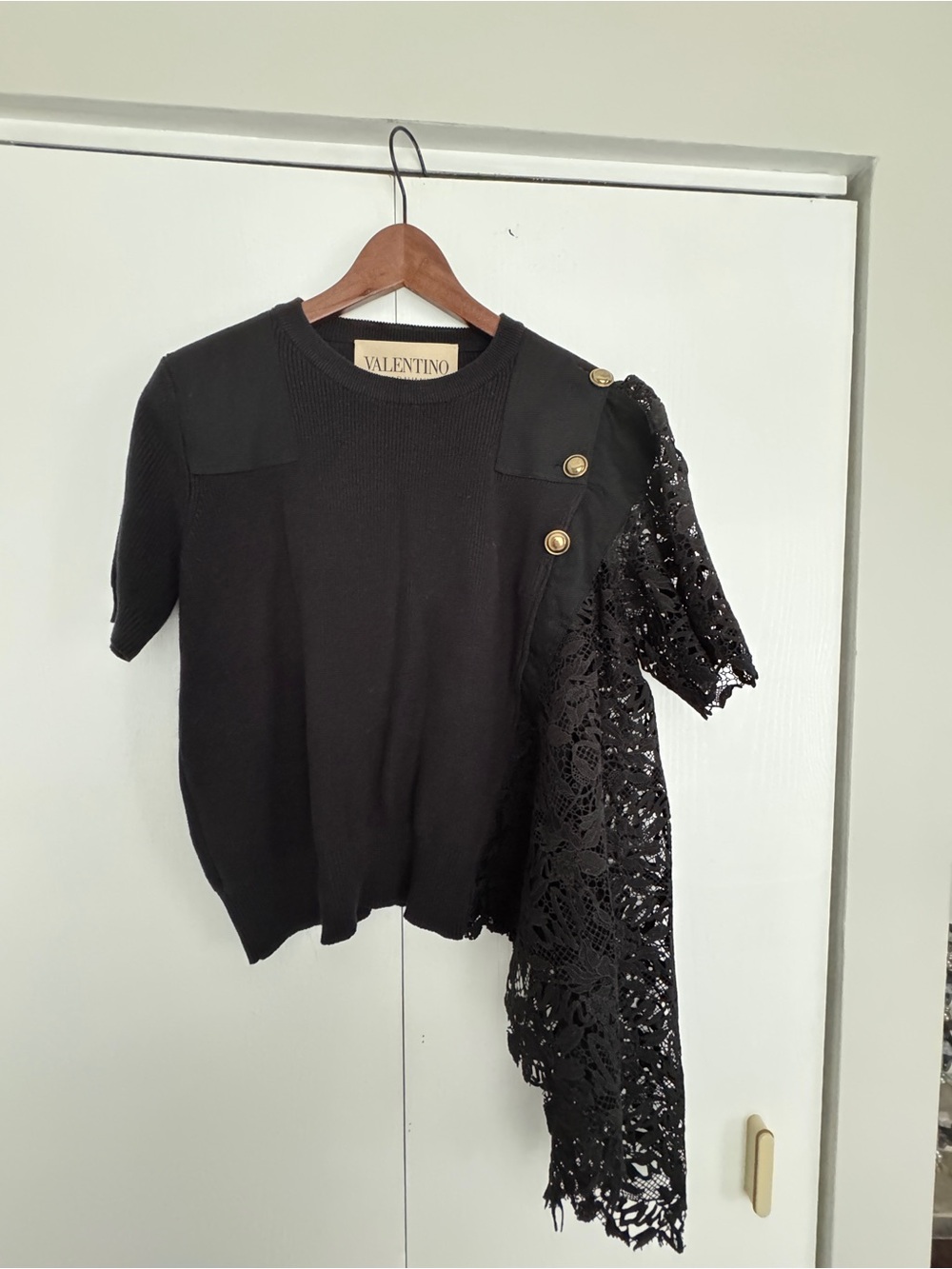 Valentino Garavani Asymmetrical Dark Navy Knit Top with Lace Sleeves Gold Button